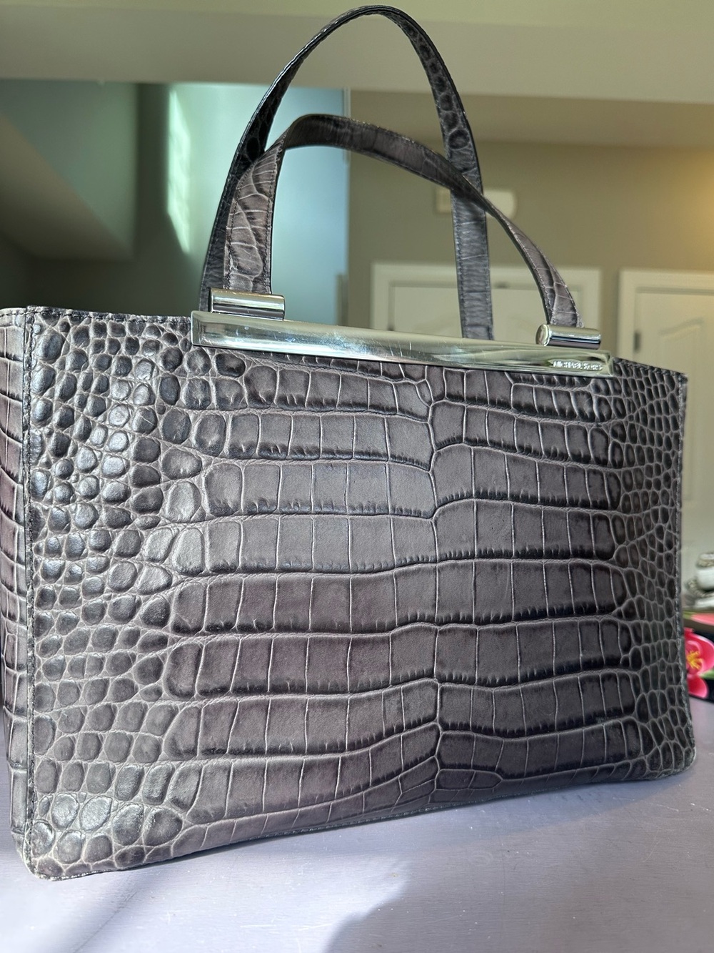 Michael Kors Crocodile Embossed Leather Structured Tote Silver EUC